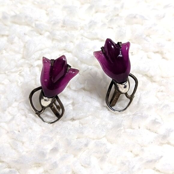 Vintage 40's /50's Sterling Silver & Purple Lucite Tulip Screw Back Earrings - Picture 6 of 11